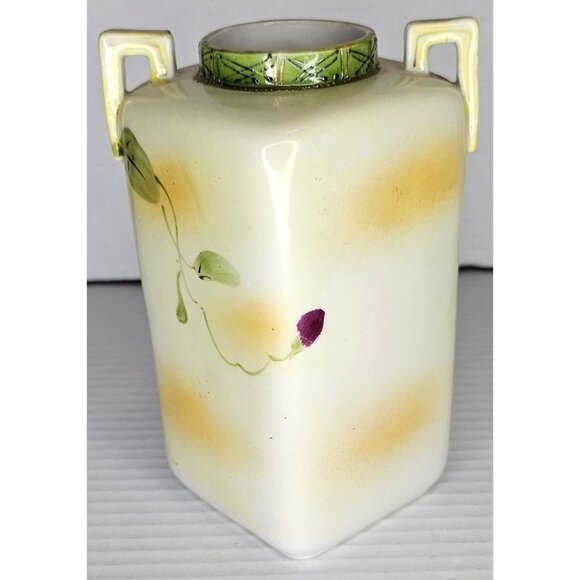Vtg Nippon Hand-Painted Floral Vase with Handles Square Shape Unique Design - Picture 3 of 11